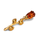 Single Stem Rose Brooch in Silver with 24ct Gold & Cognac Amber