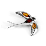 Swooping Swallow Brooch in Silver and Amber