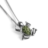 Miniature Frog Necklace in Silver and Green Amber