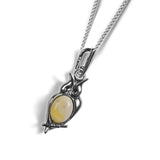 Small Owl Necklace in Silver and Milky Amber