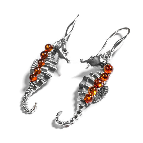 Seahorse Drop Earrings in Silver and Cognac Amber
