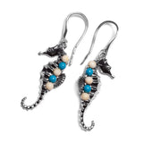 Seahorse Drop Earrings in Silver, Milky Amber and Turquoise
