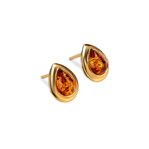 Classic Teardrop Stud Earrings in 24ct Gold Plated & Cognac Amber