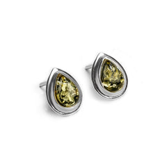 Classic Teardrop Stud Earrings in Silver and Green Amber