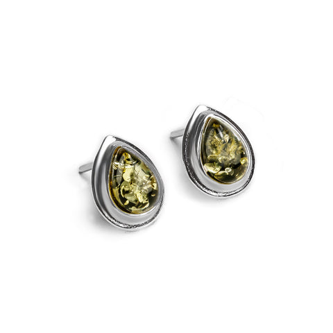Classic Teardrop Stud Earrings in Silver and Green Amber