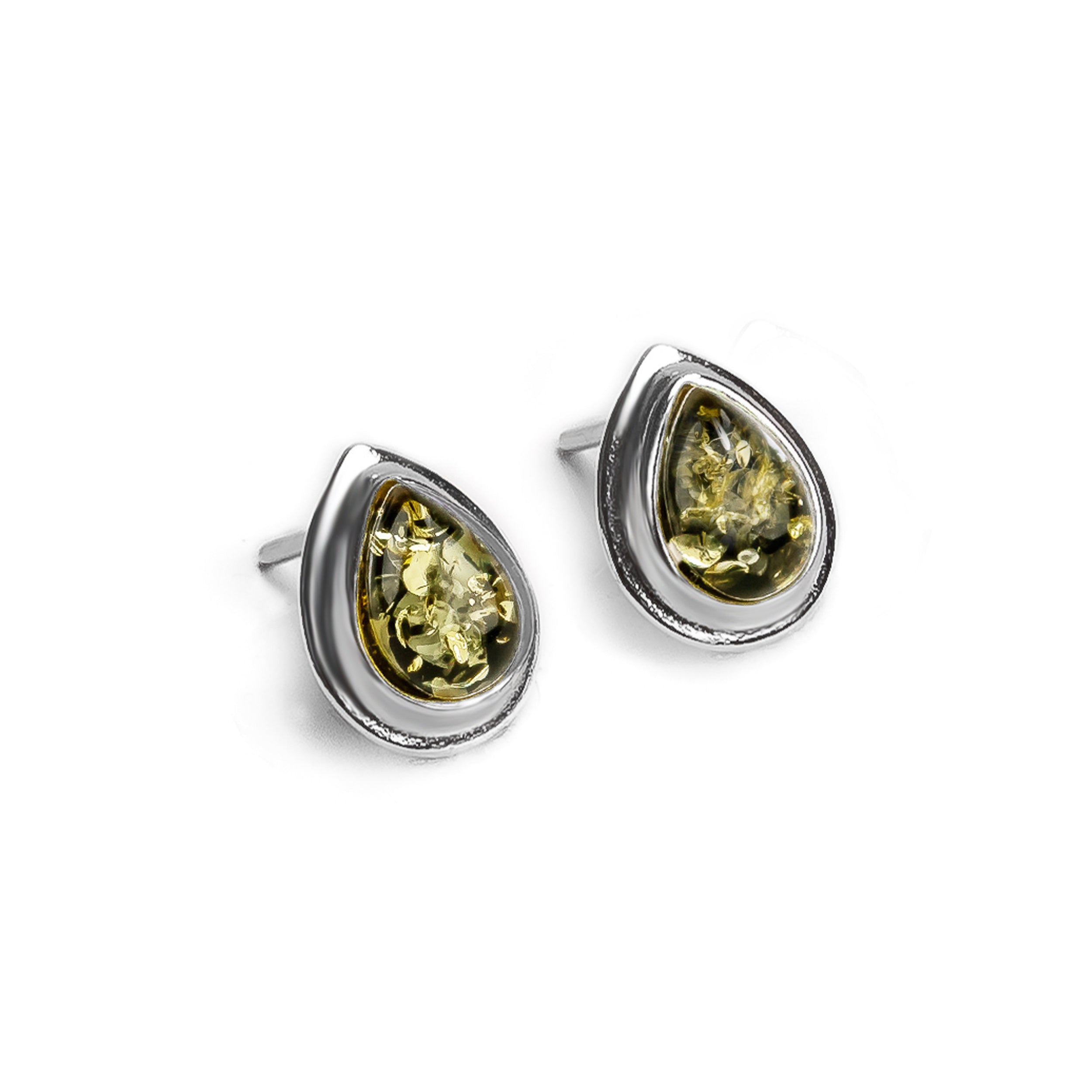 Classic Teardrop Stud Earrings in Silver and Yellow Amber