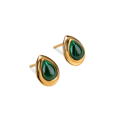 Classic Teardrop Stud Earrings in Silver with 24ct Gold & Malachite