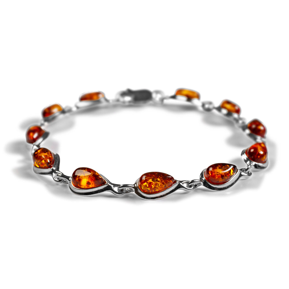 Classic Teardrop Link Bracelet in Silver with 24ct Gold and Amber