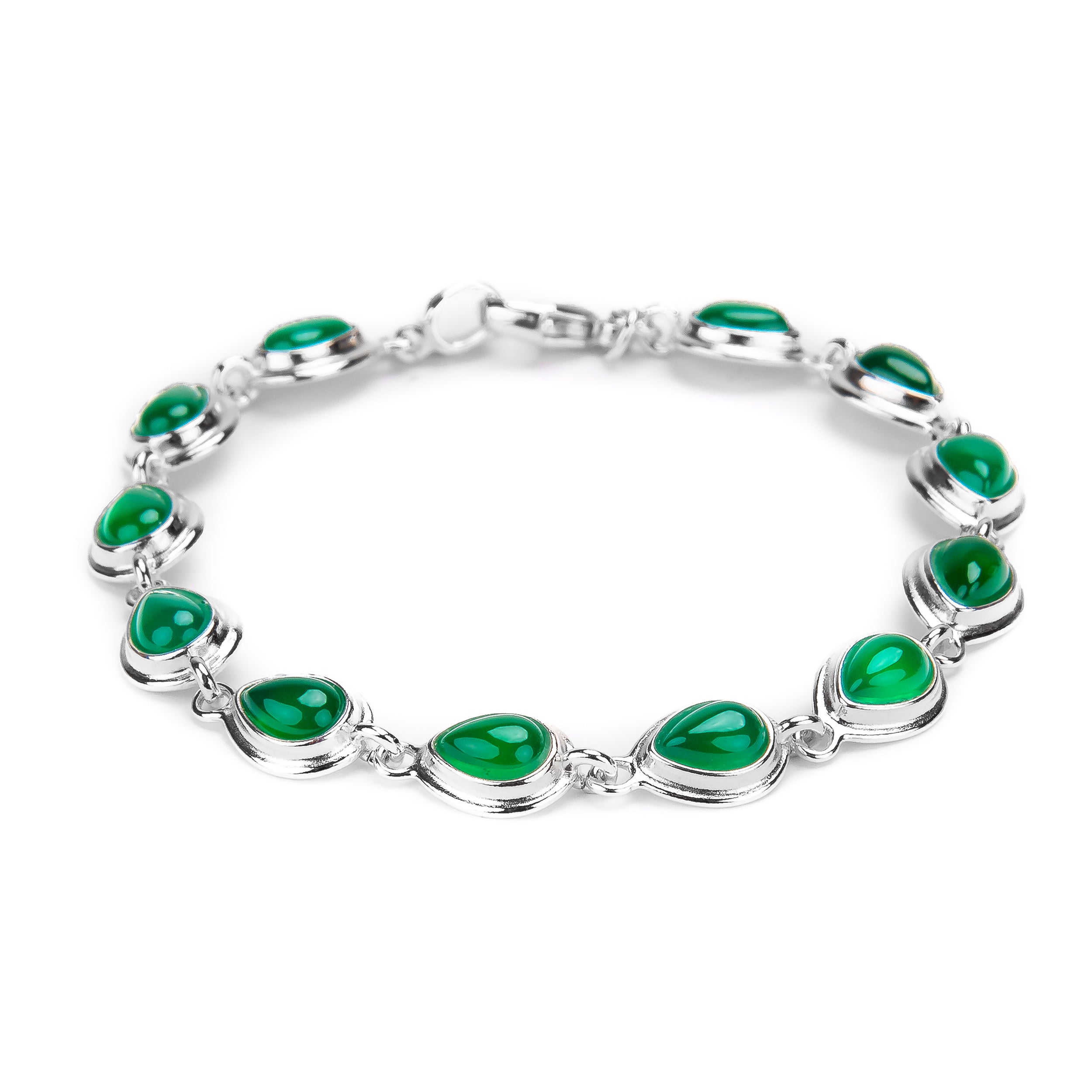 Classic Teardrop Link Bracelet in Silver with 24ct Gold & Green Onyx