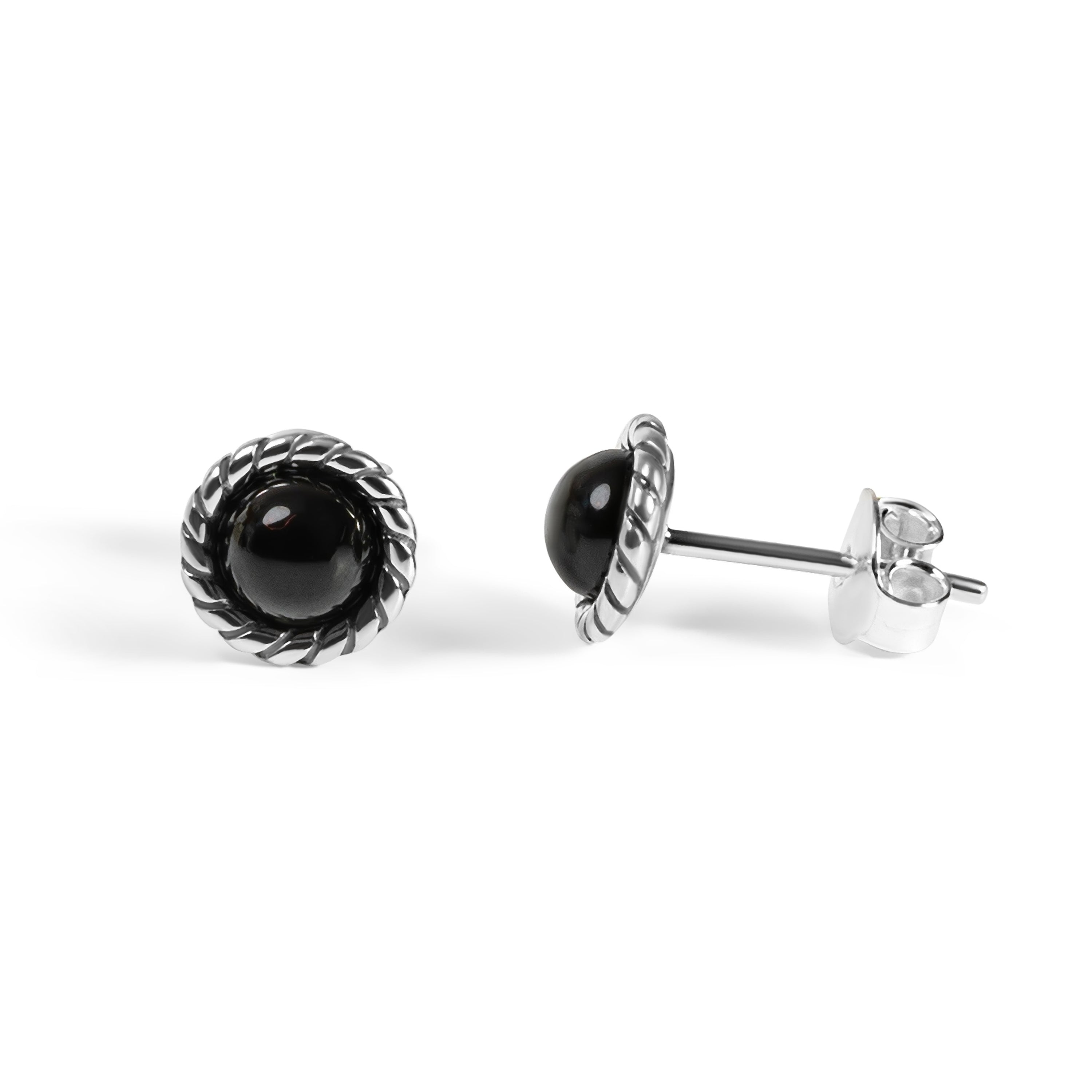 Rope Edge Stud Earrings in Silver  with 24ct Gold & Black Onyx