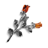 Double Rose Brooch in Silver and Cognac Amber