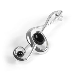 Large Treble Clef Brooch in Silver and Black Onyx
