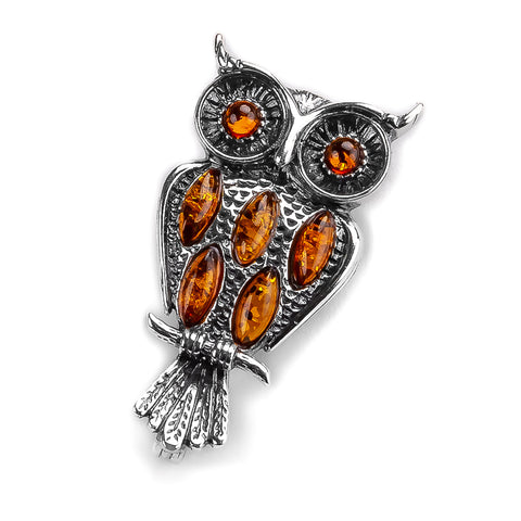 Owl Bird Brooch in Silver and Cognac Amber