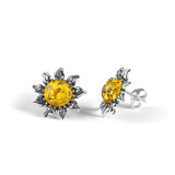 Sunflower Stud Earrings in Silver and Yellow Amber