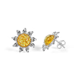 Sunflower Stud Earrings in Silver and Yellow Amber