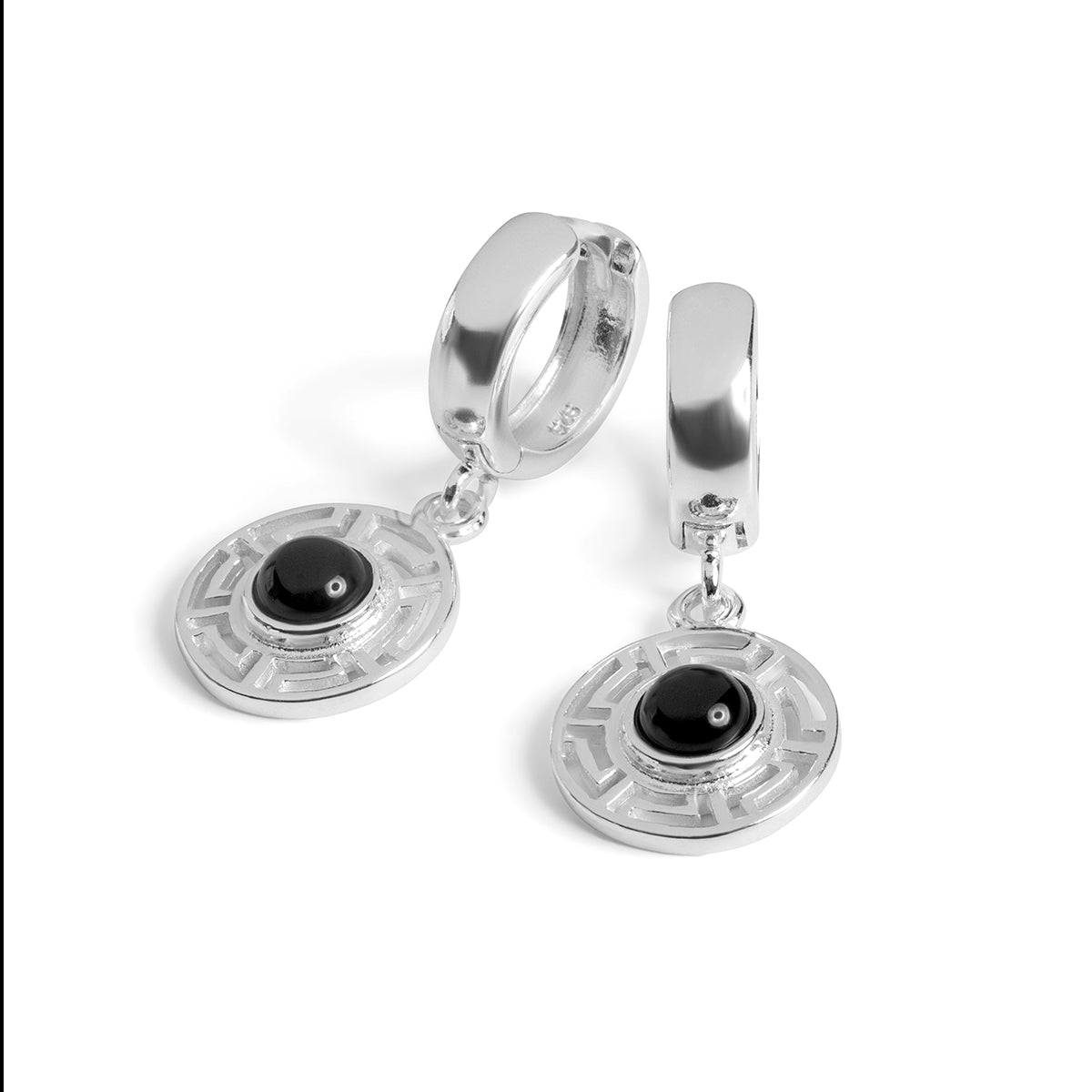 Versace Inspired Greek Circle Earrings in Silver with 24ct Gold & Black Onyx