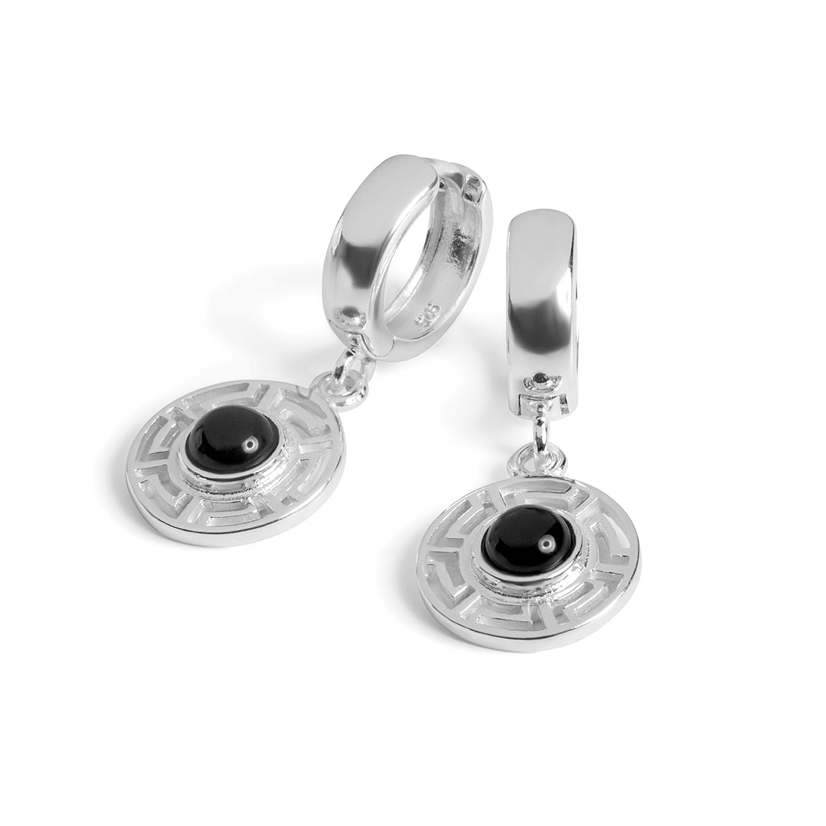 Versace Inspired Greek Circle Earrings in Silver with 24ct Gold & Black Onyx