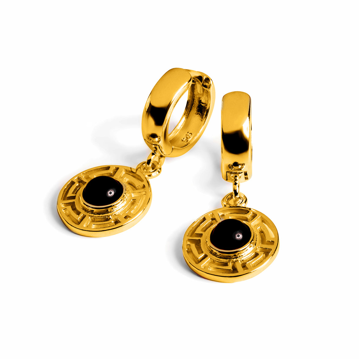 Versace Inspired Greek Circle Earrings in Silver & Black Onyx