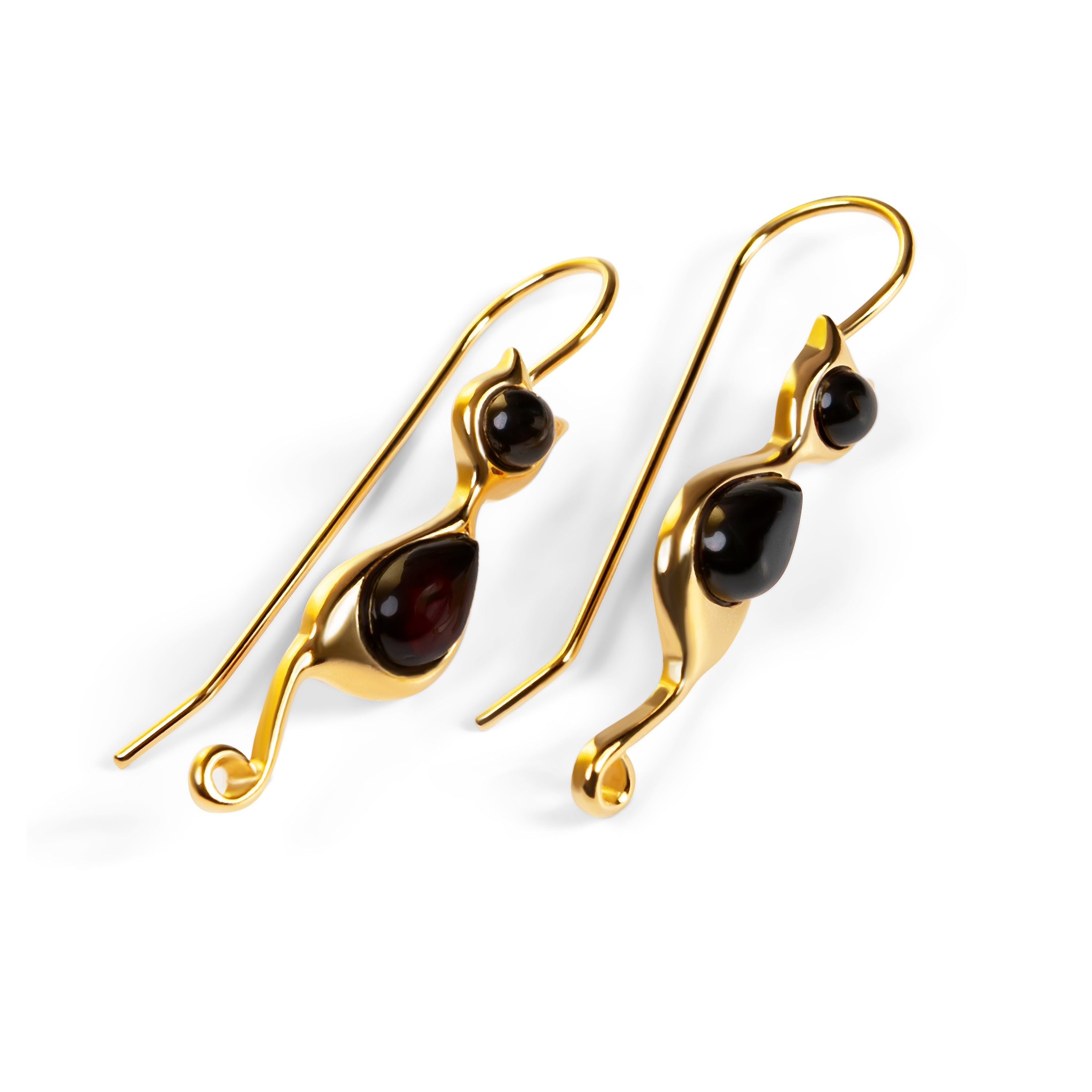 Black Cat Drop Earrings in Silver and Cherry Amber