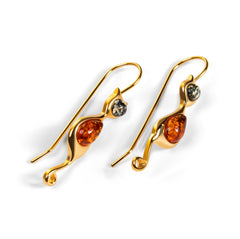 Cat Drop Earrings in Silver with 24ct Gold & Cognac & Green Amber