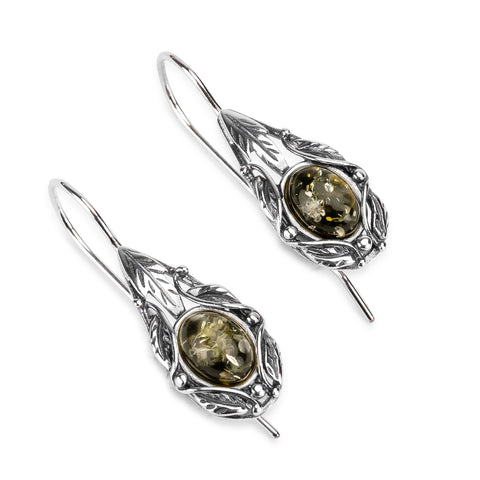 Vintage Style Hook Earrings in Silver & Green Amber