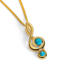 Musical Treble Clef Necklace in Silver with 24ct Gold and Turquoise