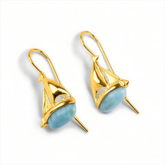 Sailboat / Boat / Yacht Drop Earrings in Silver with 24ct Gold and Larimar