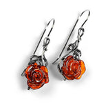 Single Stem Rose Drop Earrings in Silver with 24ct Gold and Amber