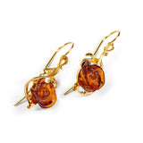Single Stem Rose Drop Earrings in Silver and Amber
