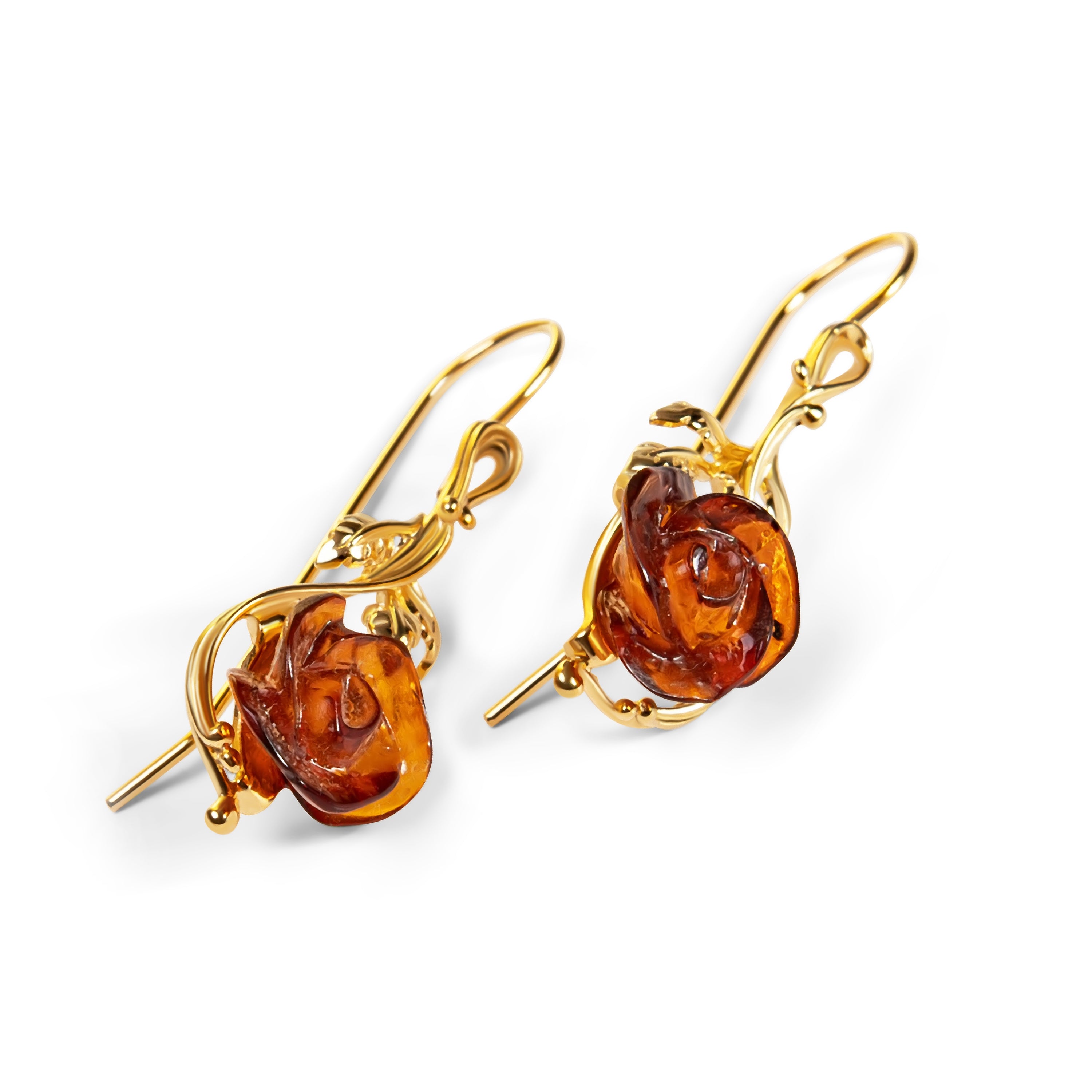 Single Stem Rose Drop Earrings in Silver and Amber
