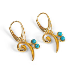 Bass Clef Music Note Drop Earrings in Silver with 24ct Gold & Turquoise