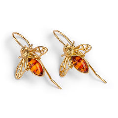 Honey Bee Hook Earrings in Silver with 24ct Gold & Amber