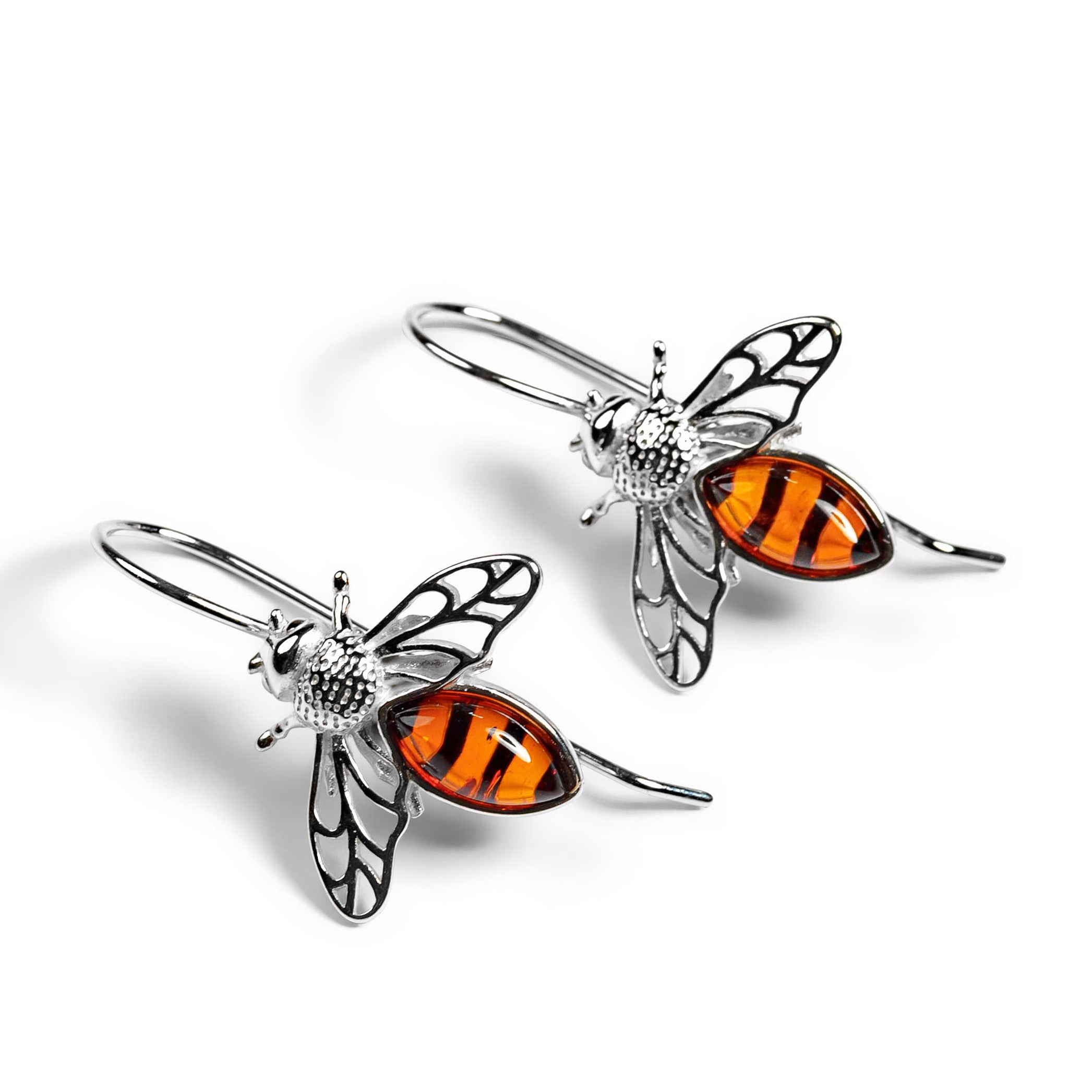 Honey Bee Hook Earrings in Silver with 24ct Gold & Amber