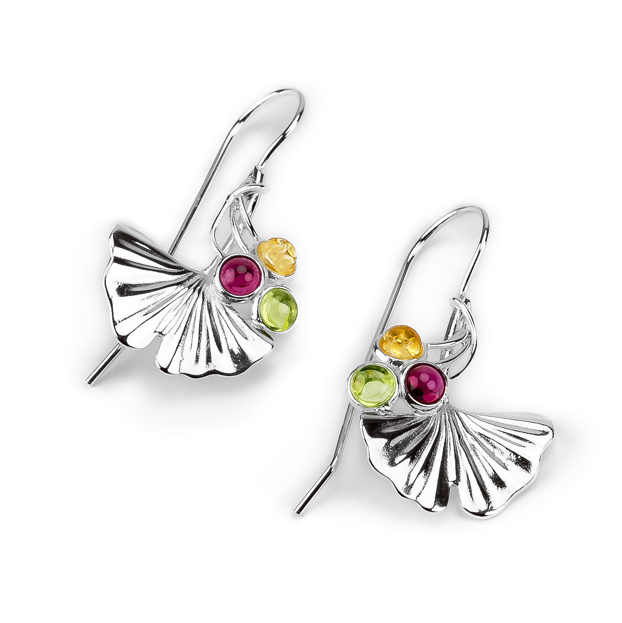 Ginkgo Flower Hook Earrings in Silver & 24ct Gold with Garnet, Peridot & Citrine