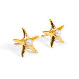 Starfish Stud Earrings in Silver with 24ct Gold & Pearl