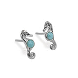Miniature Seahorse Stud Earrings in Silver & Larimar