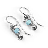 Miniature Seahorse Hook Earrings in Silver & Larimar
