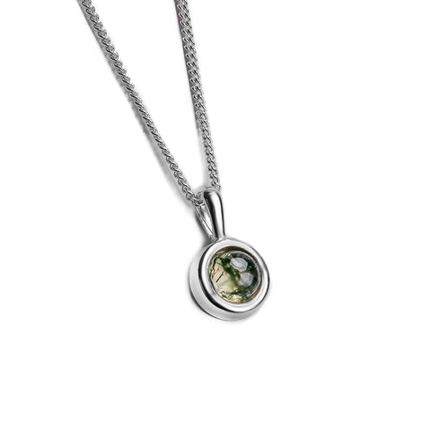 Round Charm Necklace in Silver and Moss Agate