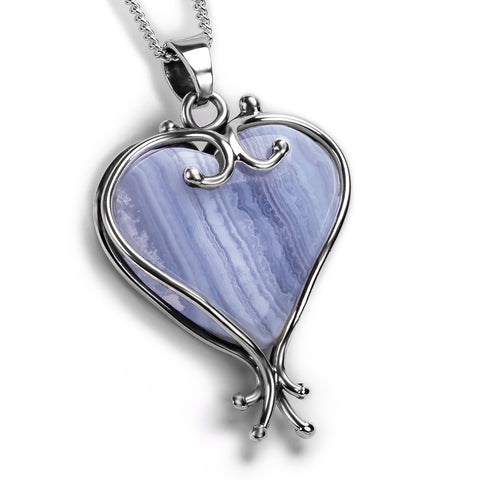 Heart Shape Baltic Blue Lace Agate & Silver Necklace - Natural Designer Gemstone