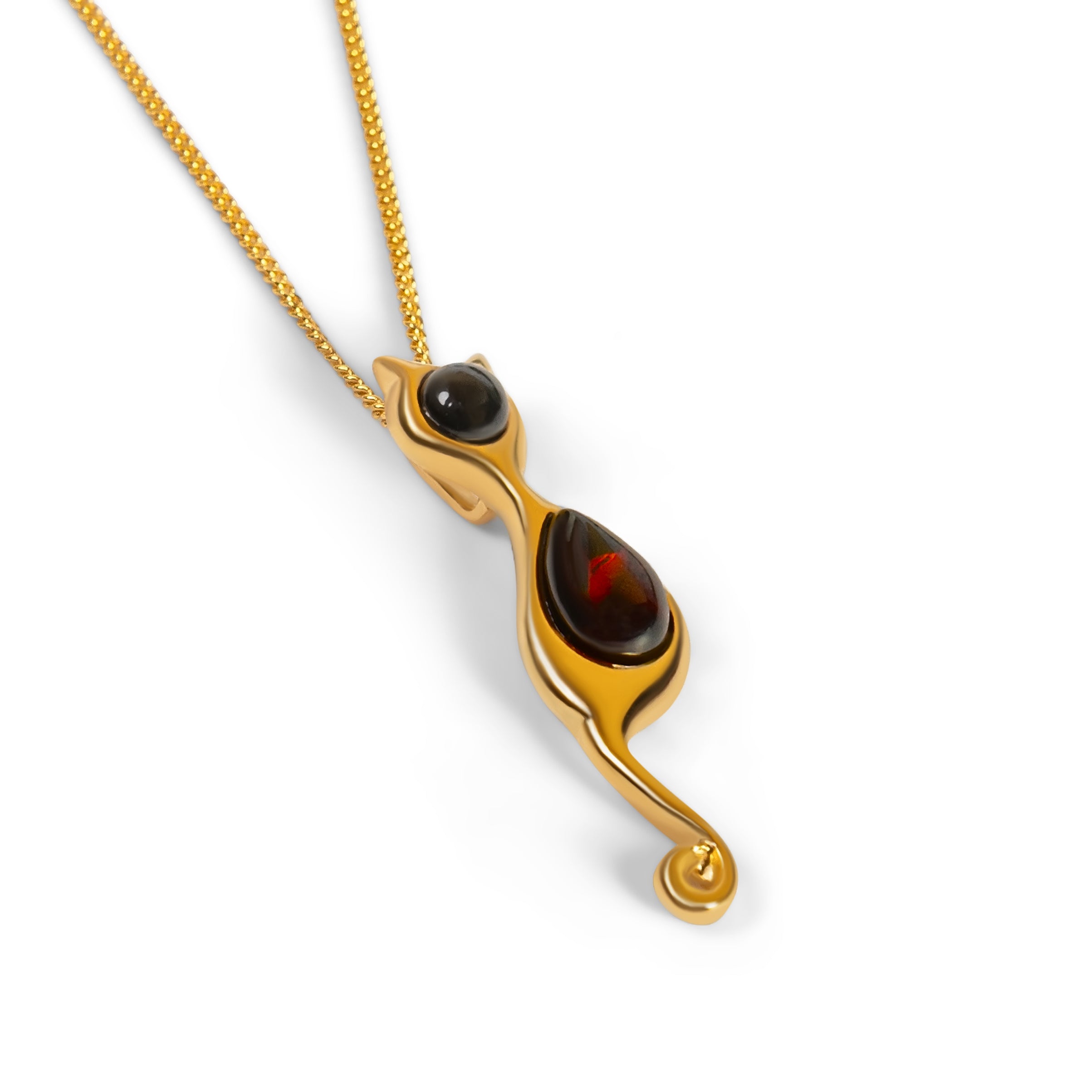 Black Cat Necklace in Silver and Amber