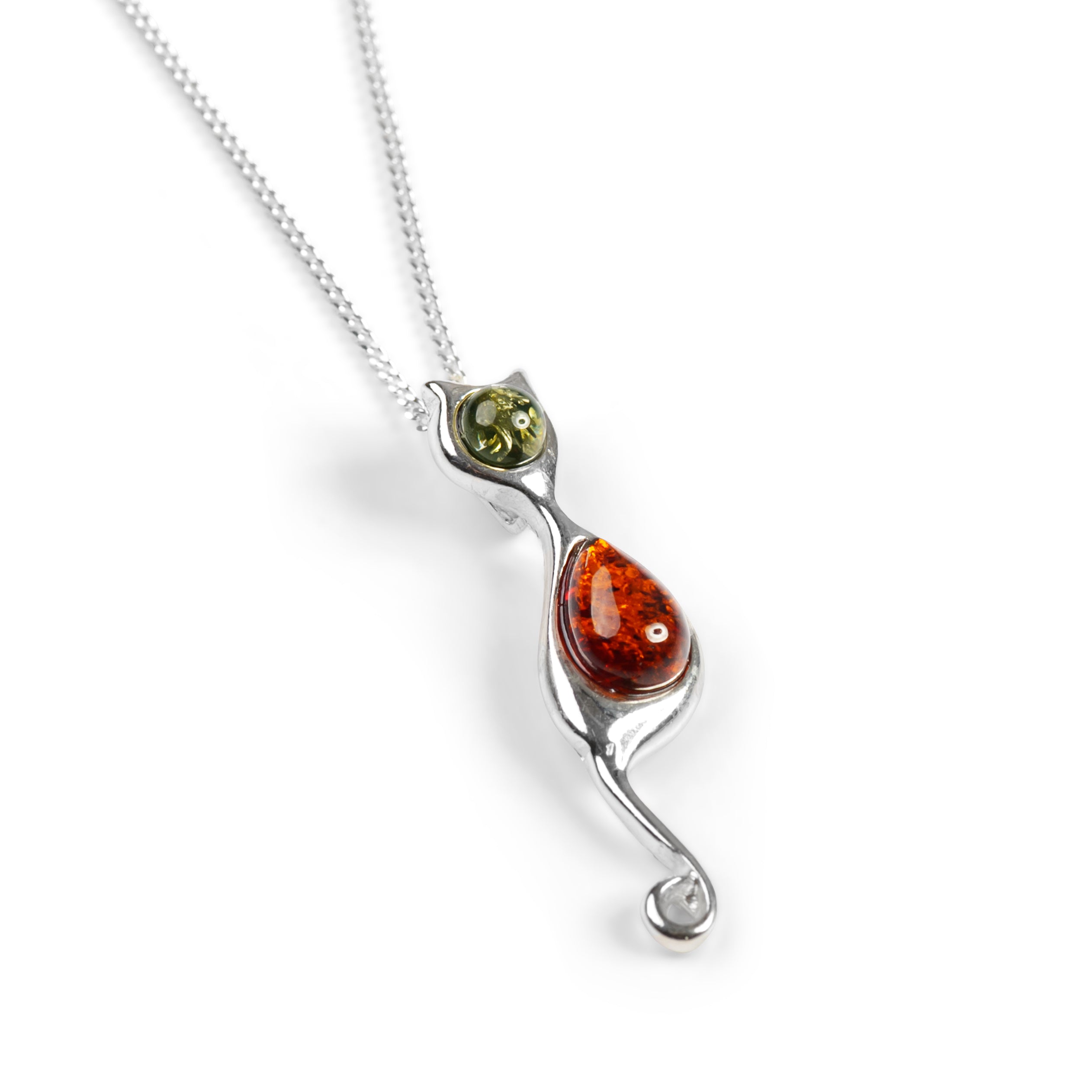 Cat Necklace in Silver with 24ct Gold and Amber