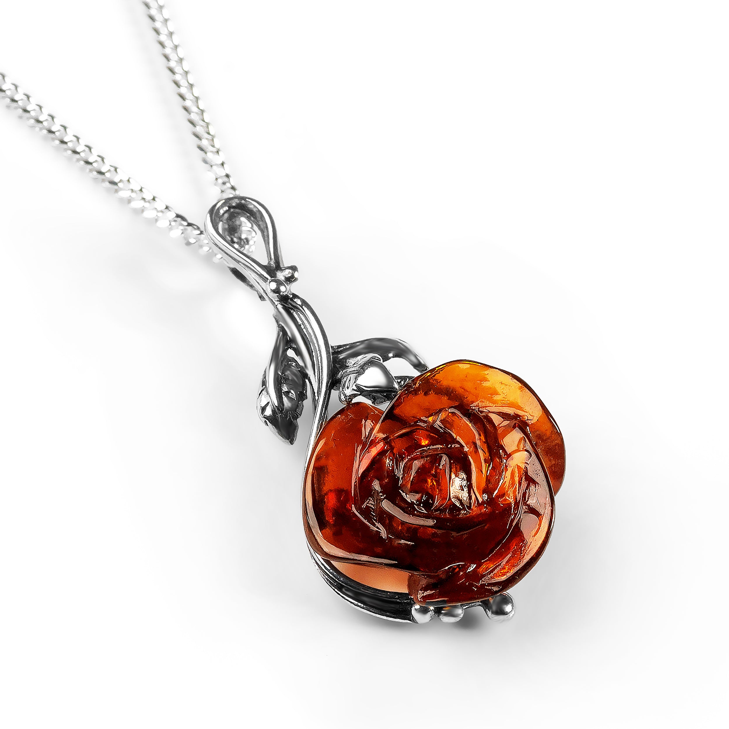 Rose Necklace in Silver with 24ct Gold and Cognac Amber