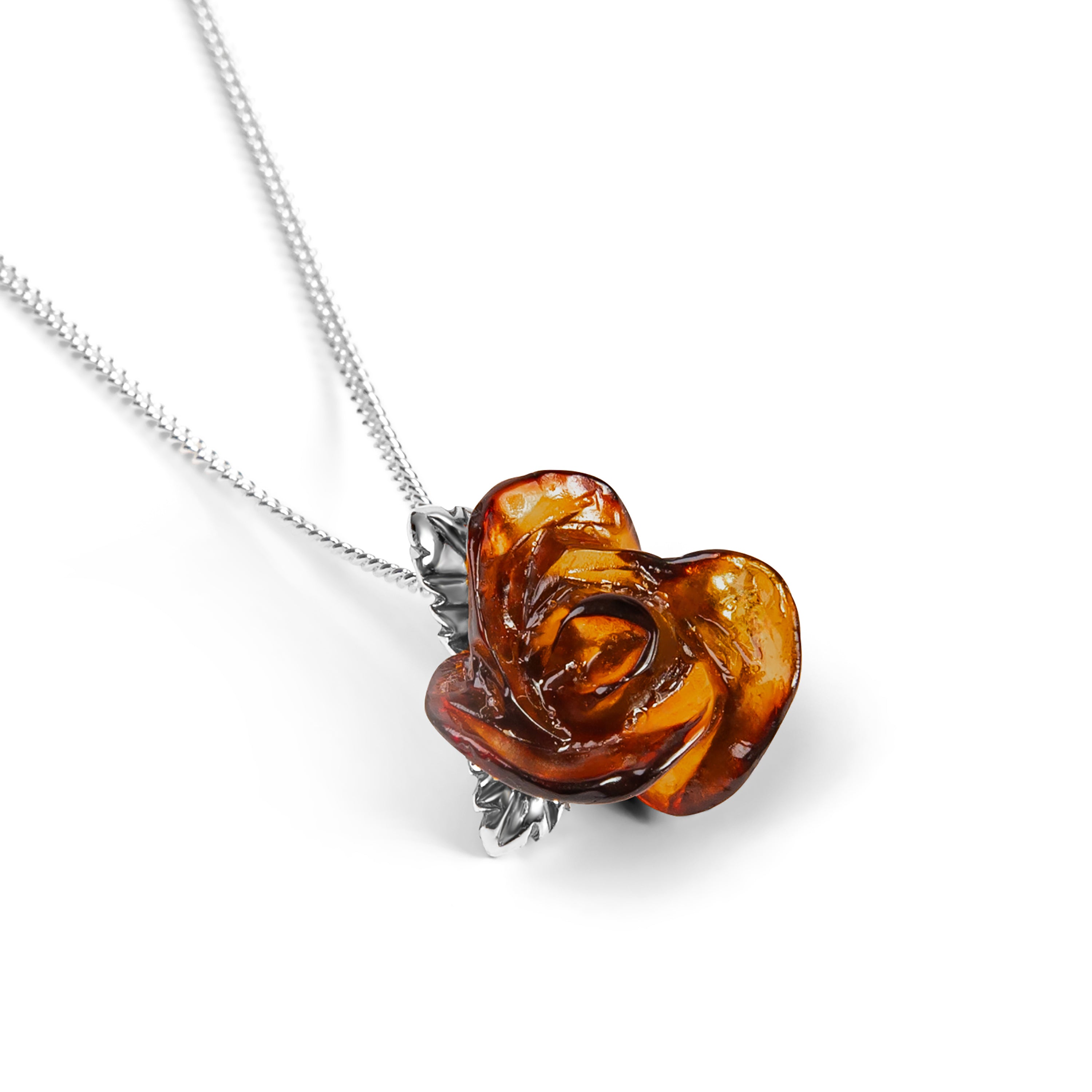 Single Rose Necklace in Silver with 24ct Gold & Amber