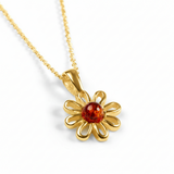 Dainty Daisy Flower Necklace in Silver with 24ct Gold & Cognac Amber