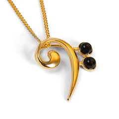 Music Bass Clef Necklace in Silver with 24ct Gold and Black Onyx