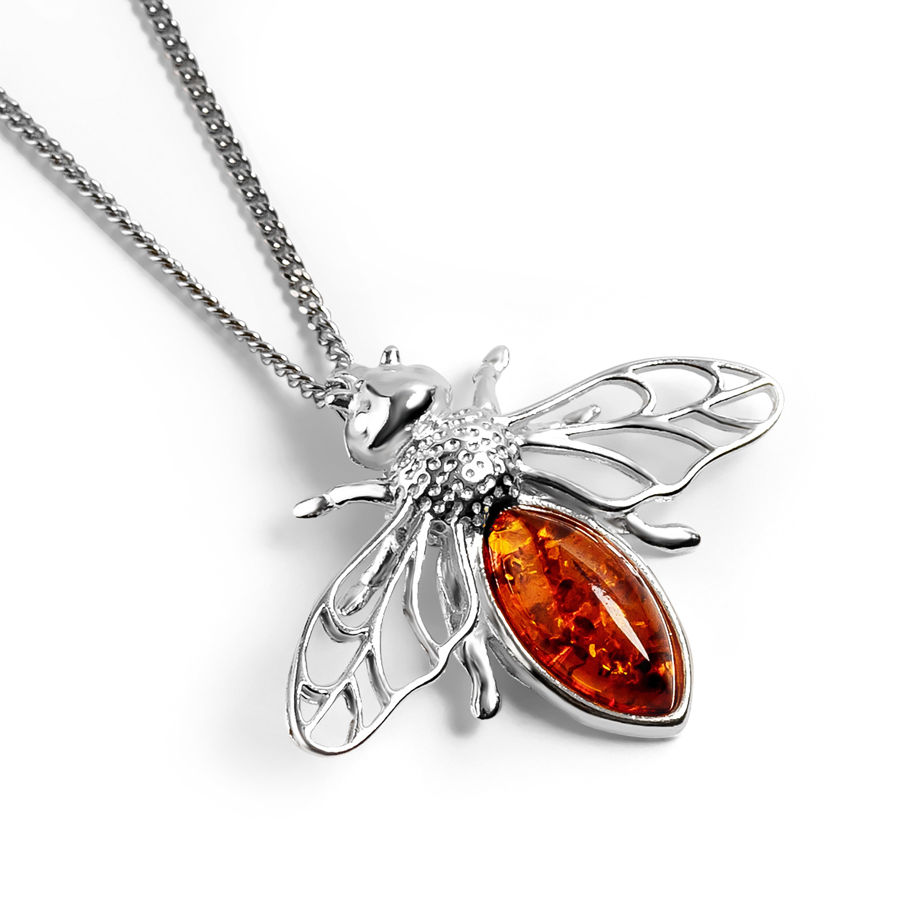 Striped Honey Bee Necklace in Silver with 24ct Gold & Amber