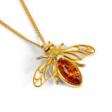 Striped Honey Bee Necklace in Silver with 24ct Gold & Amber