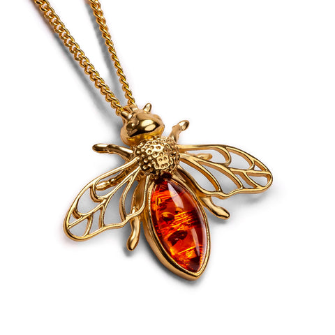 Striped Honey Bee / Bumblebee Necklace in Silver with 24ct Gold & Amber
