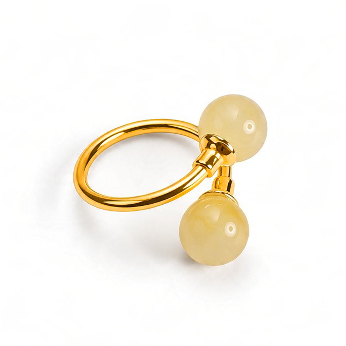 Double Ball Adjustable Ring in Silver & Milky Amber