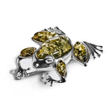 Frog Brooch in Silver and Green Amber